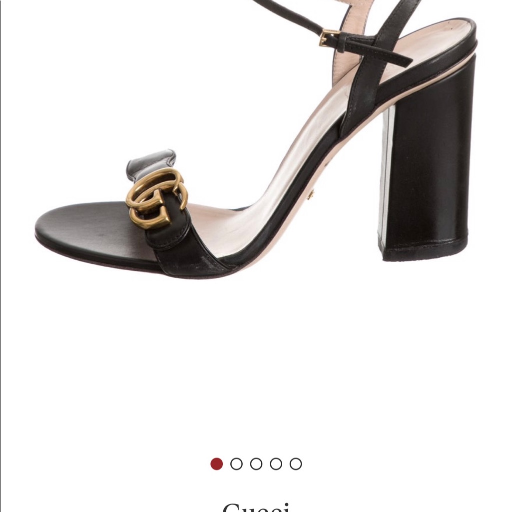 Gucci Black Leather Block Heel Sandal With Gold Double G Accent